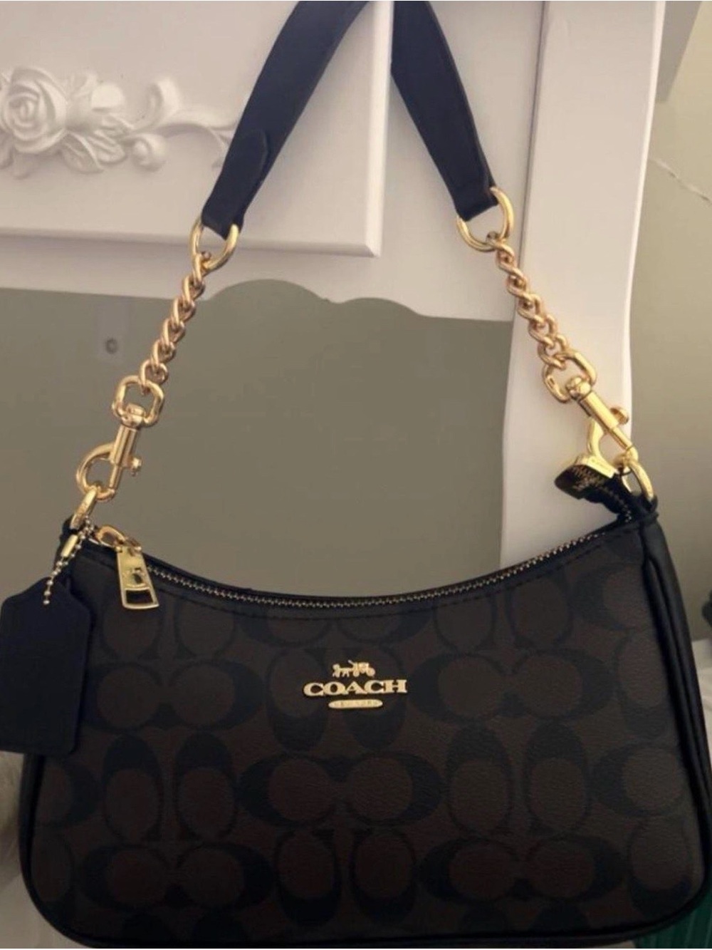 Coach Black & Brown Signature Mini Shoulder Bag with Gold Chain